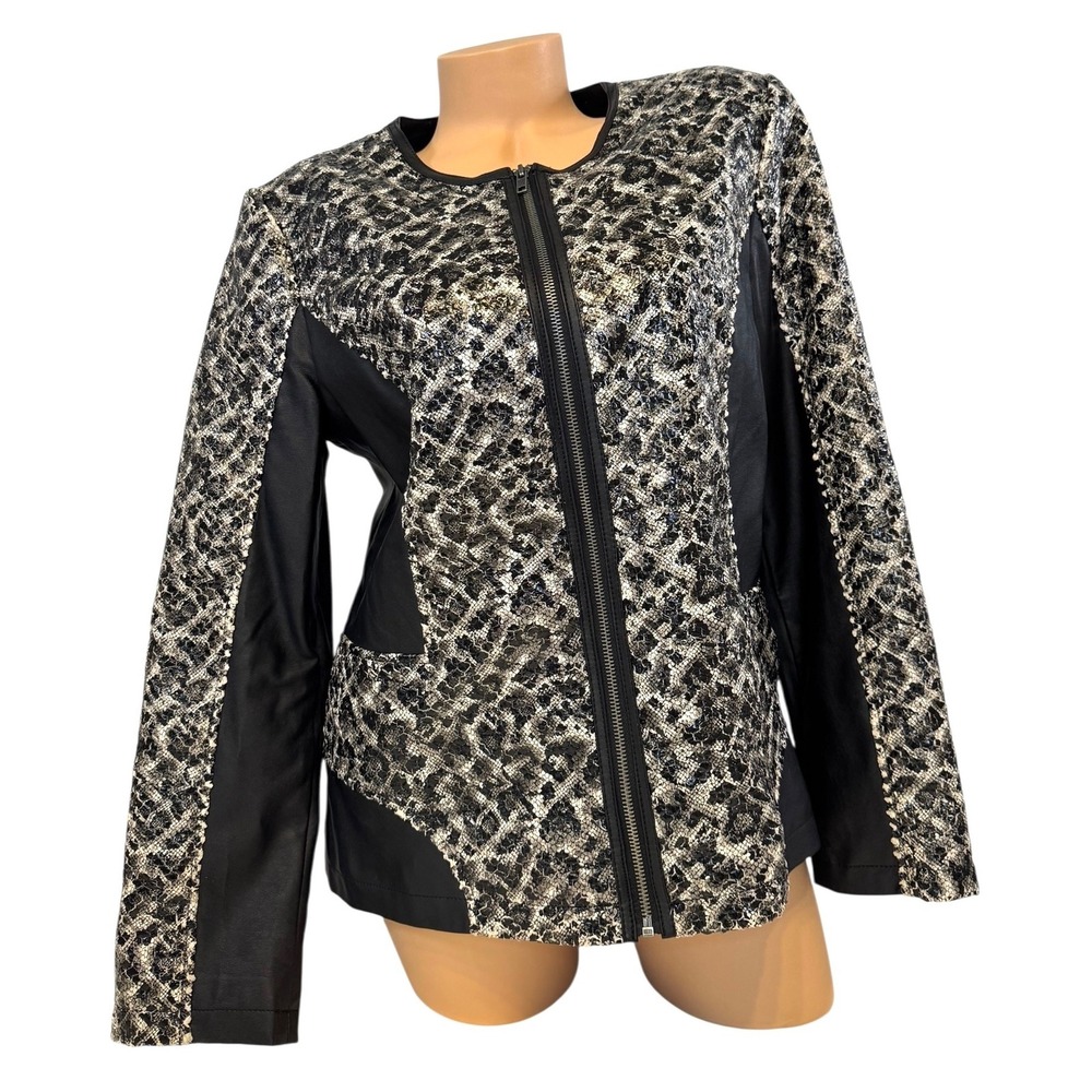 Yvonne Marie Women's LARGE Snake Print‎ Faux Leather Moto Jacket Full Zip Black